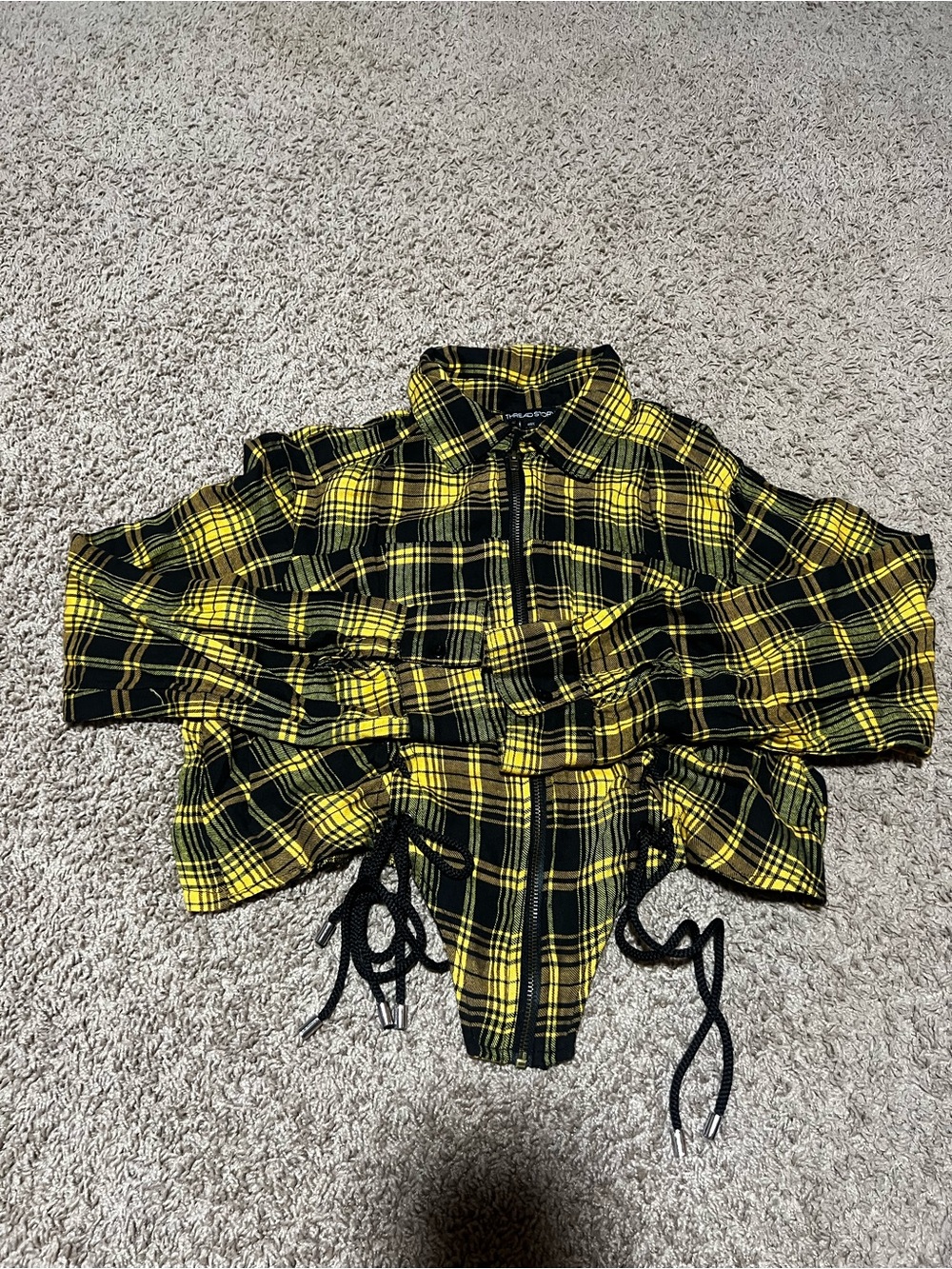 Women's Yellow & Black Plaid Zip-Front Long Sleeve Shirt Jacket